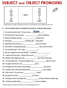 the subject and object pronouns worksheet is shown in this image