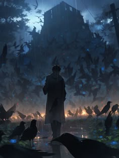 a man is standing in the rain with birds flying around him and looking at something