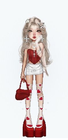 a cross stitch doll holding a red purse and wearing white tights with hearts on them