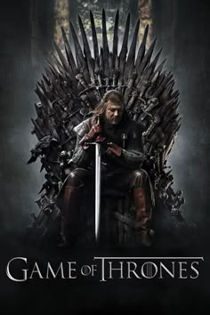 the poster for game of thrones, which features a man sitting on a iron throne