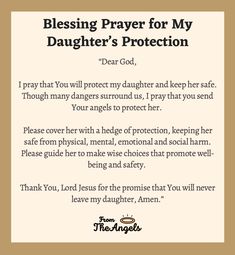 a prayer card with the words, blessing prayer for my daughter's protection dear god