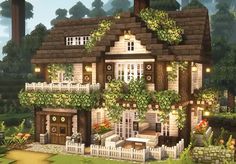 a large house with lots of windows and flowers on it