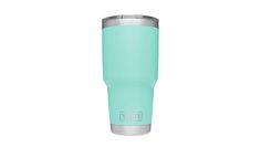 the yeti tumbler is mint green and has a stainless steel trim on it