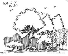 a black and white drawing of some trees