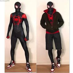 two pictures of a spider man in black and red clothes, one with his hands on his hips