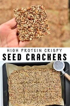 a hand holding a piece of seed cracker next to a pan filled with granola