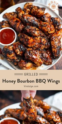 grilled honey bourbon bbq wings on a white plate