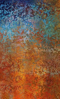 an orange and blue painting with lots of rust on it