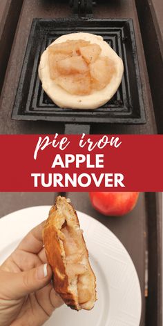 an apple turnover is being held up in front of the plate with pie on it