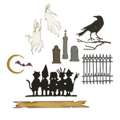 PRICES MAY VARY. VAULT SERIES: HALLOWEEN 2021– Vault Series: Halloween 2021 Thinlits die set is an 11 piece set of classic Halloween silhouettes full of Gravestones, Ghosts and more! Compatible with Ghost Town #2 by Tim Holtz (665560). CUT A VARIETY OF MATERIALS - Thinlits dies allow you to cut intricate designs from a single sheet of paper, card, metallic foil, vellum, shrink plastic and stencil film. IDEAL FOR EVERY CREATIVE PURSUIT - Thinlits dies come in a variety of beautiful shapes and siz 2 Ghosts, Thinlits Dies, Carte Halloween, Halloween Silhouettes, Tim Holtz Sizzix, Fright Night, Halloween Designs, Theme Halloween, 3d Christmas