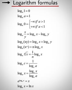 the formula for logarith formulas is shown in black and white, with an arrow