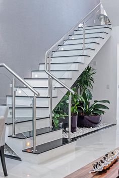 there is a plant on the table next to the stairs in this modern living room