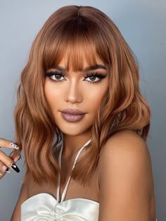 Brown  Collar  Synthetic Fiber  Bangs Wig Embellished   Wigs & Accs Fall Hair Colors Hazel Eyes, Tan With Copper Hair, Hairdos Medium Length Hair, Trendy Haircolors 2023, Copper Hair On Olive Skin, Copper Hair Tan Skin, Ashy Red Hair, Coper Hair Color, Brownish Orange Hair