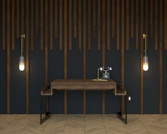 a table with some lights on it in front of a wall that has wood paneling