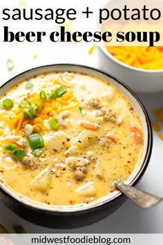 a bowl of sausage and potato beer cheese soup