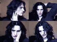 four different pictures of a man with long hair and black makeup holding his hand to his face