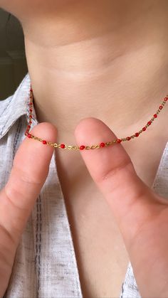 Boho Beaded Necklace - Dainty layering necklace If you like things dainty, you just found your new favorite necklace. FEATURES -High Quality -WATERPROOF -Tarnish Free -Nickel  and Lead Free -Handmade in our workshop in USA  -You  can wear everyday! ---------------------- MATERIAL & SIZES ** Stainless Steel                 ** beaded chain  ** Color : RED , WHITE ** Length : 40 + 5 cm ----------------------  If you would like to add padlock  , follow the link below.  https://www.etsy.com/SKRJewelry/listing/1269387128/add-gold-lock-pendant-to-your-necklace Thank you, Red Spacer Beads Jewelry As Gift, Red Beaded Jewelry For Gifts, Red Jewelry With Colorful Beads For Gift, Gift Red Jewelry With Colorful Beads, Beaded Chain Choker Jewelry As Gift, Beaded Chain As Gift, Tiny Beads Choker Necklace For Gift, Choker Necklaces With Tiny Beads For Gifts, Red Adjustable Beaded Necklaces With Spacer Beads