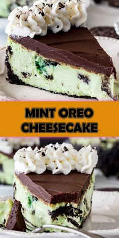 mint oreo cheesecake on a white plate