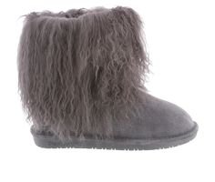 Stand out from the crowd in the BearPaw® Boo Boot! This boot offers a sheepskin foot bed, wool blend lining, and a bold shaft. Pair it with any piece in your wardrobe for a fun fashionable look! Cow suede vamp,Sustainable Mongolian curly lamb shaft,7 inch shaft height,Sheepskin comfot footbed,Thermoplastic rubber outsole,Wool blend lining,Bearpaw® branding details | Women's Bearpaw Boo Winter Boot in Charcoal Size 7 Medium Exotic Fashion, Shearling Boots, Free Shoes, Shoe Carnival, Bearpaw Boots, Tall Boots, Slide Slipper, Socks Women, Winter Boots