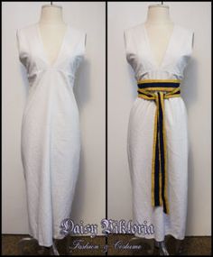 two images of a white dress with yellow and black stripes on the waist, front and back