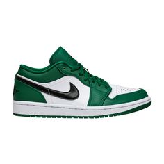 Find JORDAN 1 Low 'pine on Editorialist. The Air Jordan 1 Low ‘Pine Green’ showcases classic color blocking on the low-top version of the sneaker that started it all. The upper uses a combination of white leather at the quarter panel and perforated toe box, along with green textile at the collar, forefoot overlay and heel. The latter is embellished with a Jordan Wings logo in black, matching the Nike Swoosh and Jumpman embroidery atop the lightly padded tongue. Jordan 1 Low Pine Green, Jordan 1 Pine Green, Jordan 1 Lows, Nike Air Jordan 1 Low, Wings Logo, Green Sneakers, Pine Green, Custom Nikes, Nike Air Jordan 1