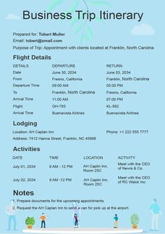 the flyer for business trip itinerary