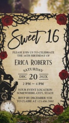 a sign with roses on it that says sweet 16, and an image of a man riding a bike