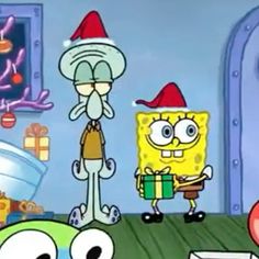 the spongebob christmas card is in front of two other characters, one holding a present