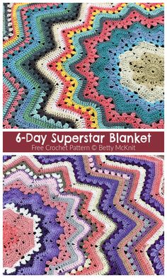 four different crocheted blankets with the text 6 - day superstar blanket