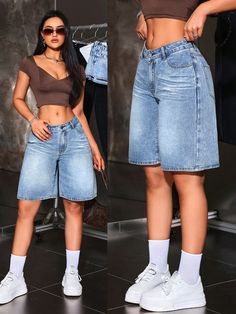 Black Casual Collar  Denim Plain Bermuda Embellished Non-Stretch  Women Clothing Jeans Shorts Outfits Women, Long Jean Shorts Outfit, Jean Shorts Outfit Summer, Denim Shorts Outfit Summer, Bermuda Shorts Outfit, Long Jean Shorts, Jean Short Outfits, Denim Shorts Outfit, Yangyang Wayv