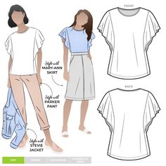 "Get your spring style sorted. This top features a flounced sleeve, which is cleverly set into the side panelled design lines giving this style a feminine and easy feel and fit. Wear with jeans on the weekend or team it with pencil skirt for your working week. Skill Level: Easy / Medium Sizes: 4-16 or 18-30 New, uncut paper pattern \"Great on jersey and fabulous in scuba! Easily extendable to a dress too!\"" Jersey Knit Top Sewing Pattern, Feminine Sleeve, Shirt Patterns, Style Arc, Knit Top Patterns, Pattern Cardigan, Womens Knit Tops, Top Sewing, Dress Making Patterns