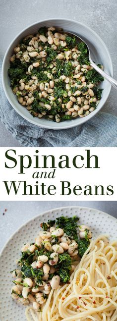 spinach and white beans are served in a bowl