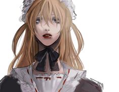 an anime character with blonde hair wearing a white dress and black collared shirt, standing in front of a white background