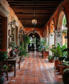 a long hallway with potted plants on either side and an arched doorway leading to another room