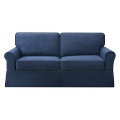 a blue couch sitting on top of a white floor