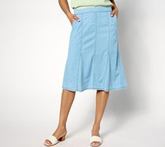 A stylish staple for your closet, this denim skirt features a convenient elastic-back waistband and side pockets. Godet pleats provide a little swing for your step. From AnyBody® Lounge and Sleepwear. Casual Medium Wash Flared Bottoms, Spring Medium Wash Skirt With Elastic Waistband, Casual Medium Wash Midi Skirt, Casual Flared Denim Skirt, Spring Denim Blue Skirt With Side Pockets, Relaxed Fit Medium Wash Skirt With Pockets, Medium Wash Relaxed Fit Skirt With Pockets, Casual Medium Wash Skirt With Side Pockets, Relaxed Knee-length Denim Skirt With Pockets