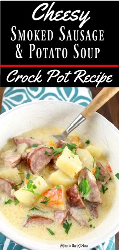 a white bowl filled with meat and potato soup on top of a blue table cloth