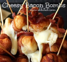 bacon wrapped in cheese and toothpicks on a plate