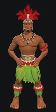 an animated native american man wearing green and red feathers