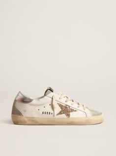 Women's Super-Star with gold glitter star and ice-gray suede inserts | Golden Goose White Leather Sneakers With Glitter Accents, Golden Goose Outfit, Gold Glitter Stars, Preppy Shoes, Goose Sneakers, Amal Clooney, Golden Goose Sneakers, Shoe Inspo, Clothes For Men