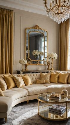 a living room filled with furniture and a chandelier