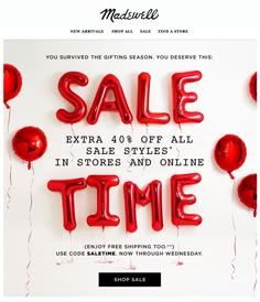 red balloons with the words sale time on them are in front of a white background