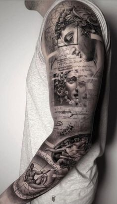 a man's arm with many pictures on it and the words above him is shown