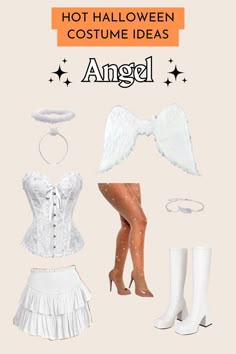 an angel costume is shown with boots, stockings and socks on the bottom right hand corner