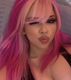 Pink With Pink Highlights, Hair Dye Colors Aesthetic, Pink With Blonde Money Piece, Straight Hairstyles Dyed, Money Piece Balayage Pink, Pink Hair With Light Pink Front Pieces, Dark Pink With Light Pink Highlights, Big Pink Hair, Blue Hair Pink Bangs