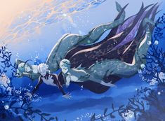 two mermaids swimming in the ocean with blue and white algae around them, under water