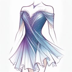 a drawing of a woman in a blue dress with long sleeves and beading on it