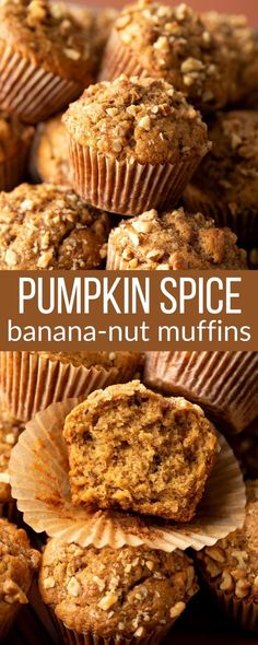 pumpkin spice banana nut muffins stacked on top of each other with text overlay