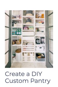 an organized pantry with white shelves and baskets