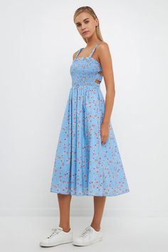 This dress is sure to turn heads. With delicate smocking detail and a flattering midi length, this frock is perfect for any special occasion. The elastic at the back makes it easy to fit a range of body types, while the vibrant print ensures you'll stand out from the crowd. Whether you're attending a summer wedding or a formal gala, this dress is sure to make a statement. Smocking detail Midi length Elastic at back Hand wash cold Do not bleach Do not tumble dry Iron low Shell: 97% Cotton 3% Span Spring Mid-length Dress With Ruched Bodice, Square Neck Maxi Dress With Smocked Back, Blue Midi Dress With Gathered Neckline, Daywear Maxi Dress With Smocked Back, Chic Blue Maxi Dress With Smocked Back, Day Out Sundress With Ruched Bodice, Light Blue Vacation Dress With Smocked Back, Blue Beach Dress With Elastic Neckline, Midi Sundress With Ruched Bodice For Brunch